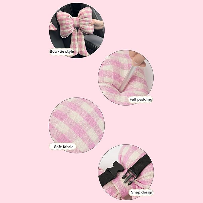 Car Accessories Plaid Bow Headrest Lumbar Pillow 4PCs Set Cotton Linen Elegant Soft Car Seat Cushions for Daily Commuting Trave (Black Plaid,4pcs)