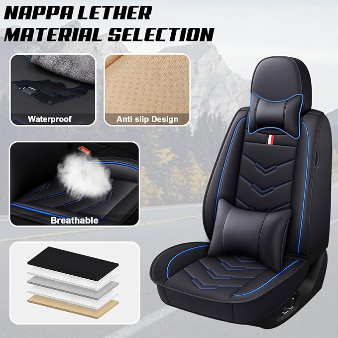 MVRVMV Seat Covers for Ford Mustang 2006-2026, Waterproof Leather Auto Seat Cover with 2* Neck Pillow and 2* Lumbar Support (5 Seat Luxury,Black-Blue)