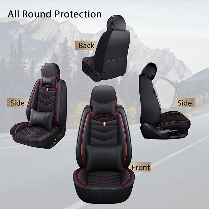 MVRVMV for Ford Bronco 2021-2026 Seat Covers, Waterproof Leather Seat Cover with 2* Neck Pillow and 2* Lumbar Support (5 Seat Luxury,Black-Red)