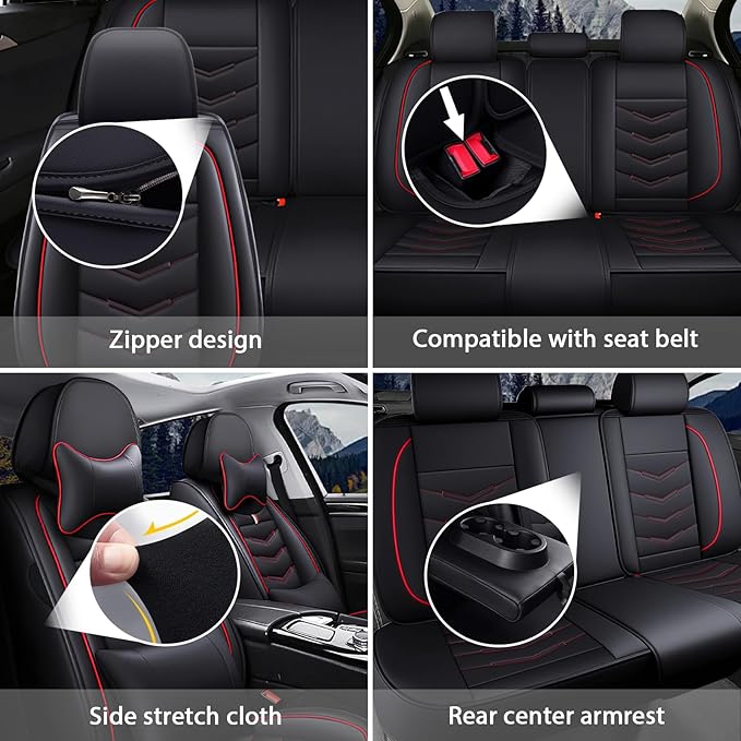 MVRVMV for Ford F-250 2010-2026 Seat Covers, Waterproof Leather Seat Cover with 2* Neck Pillow and 2* Lumbar Support (2 Seat Luxury,Black-Red)