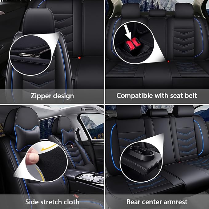 MVRVMV Seat Covers for Ford F-150 2010-2026, Waterproof Leather Auto Seat Cover with 2* Neck Pillow and 2* Lumbar Support (2 Seat Luxury,Black-Blue)