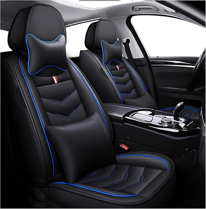 MVRVMV Seat Covers for Ford Escape 2005-2026, Waterproof Leather Auto Seat Cover with 2* Neck Pillow and 2* Lumbar Support (2 Seat Luxury,Black-Blue)