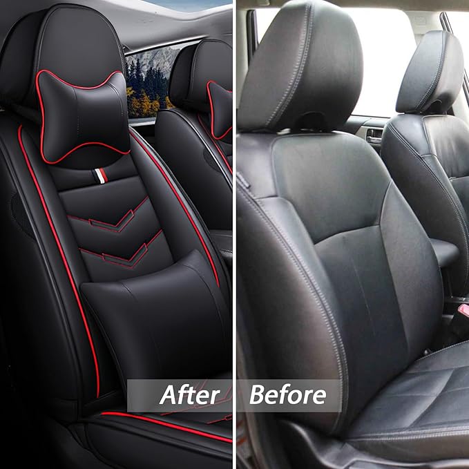 MVRVMV for Ford Edge 2007-2024 Seat Covers, Waterproof Leather Seat Cover with 2* Neck Pillow and 2* Lumbar Support (5 Seat Luxury,Black-Red)