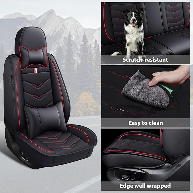 MVRVMV for Ford Escape 2005-2026 Seat Covers, Waterproof Leather Seat Cover with 2* Neck Pillow and 2* Lumbar Support (2 Seat Luxury,Black-Red)