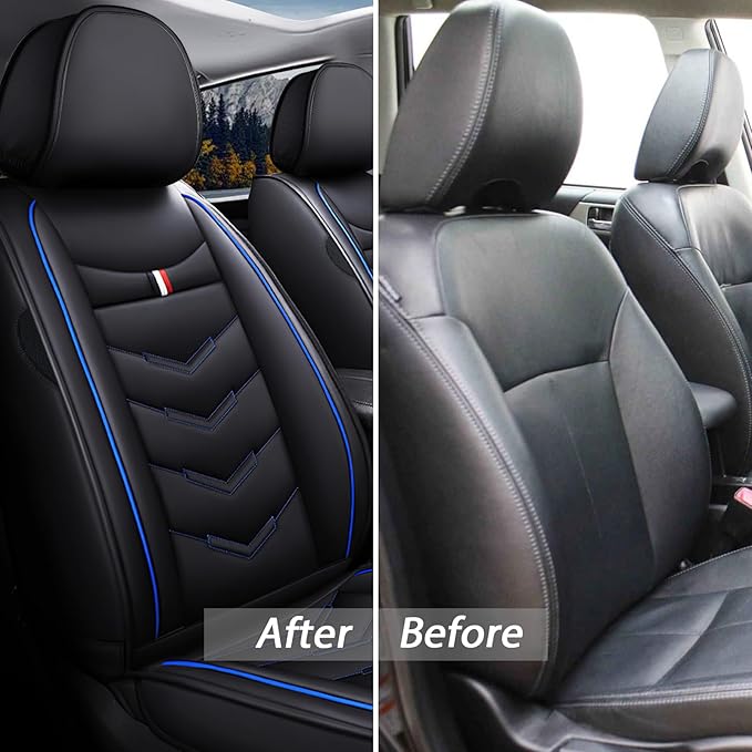 MVRVMV Seat Covers for Ford Mustang 2006-2026, Waterproof Leather Auto Seat Cover (5 Seat Standard,Black-Blue)