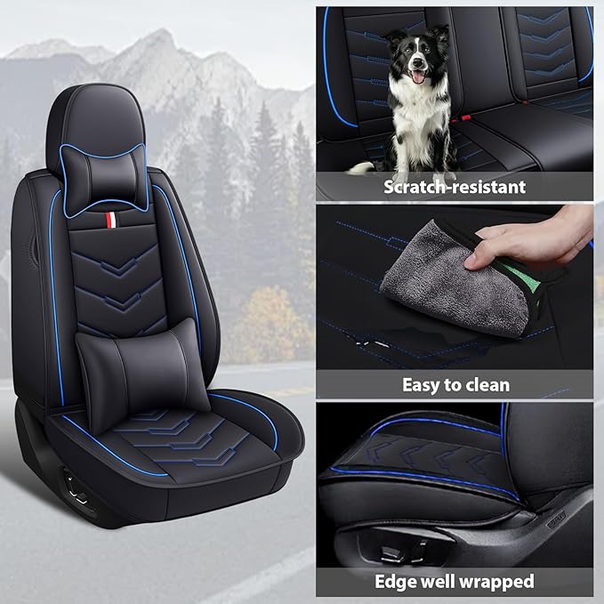 MVRVMV Seat Covers for Ford Edge 2007-2024, Waterproof Leather Auto Seat Cover with 2* Neck Pillow and 2* Lumbar Support (2 Seat Luxury,Black-Blue)