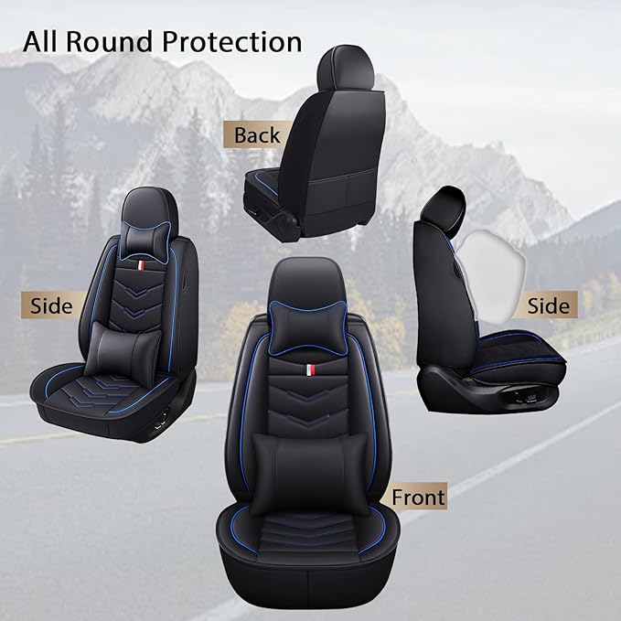 MVRVMV Seat Covers for Ford Bronco 2021-2026, Waterproof Leather Auto Seat Cover with 2* Neck Pillow and 2* Lumbar Support (5 Seat Luxury,Black-Blue)