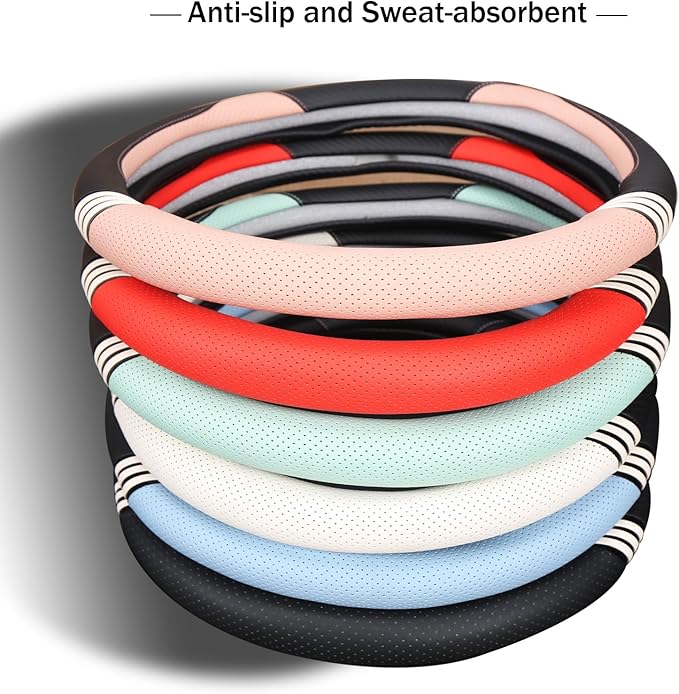 Cute Steering Wheel Cover D Shape for Women Men Breathable Universal 15 inch,Black and Pink