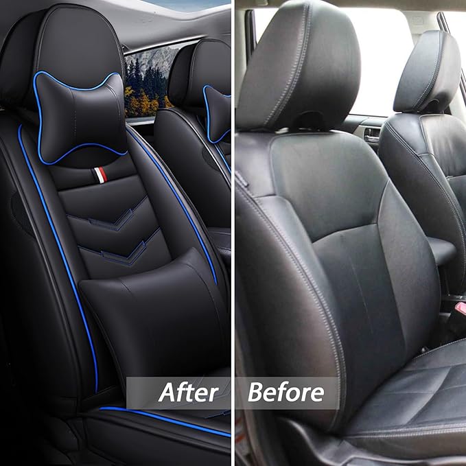 MVRVMV Seat Covers for Ford F-150 2010-2026, Waterproof Leather Auto Seat Cover with 2* Neck Pillow and 2* Lumbar Support (5 Seat Luxury,Black-Blue)
