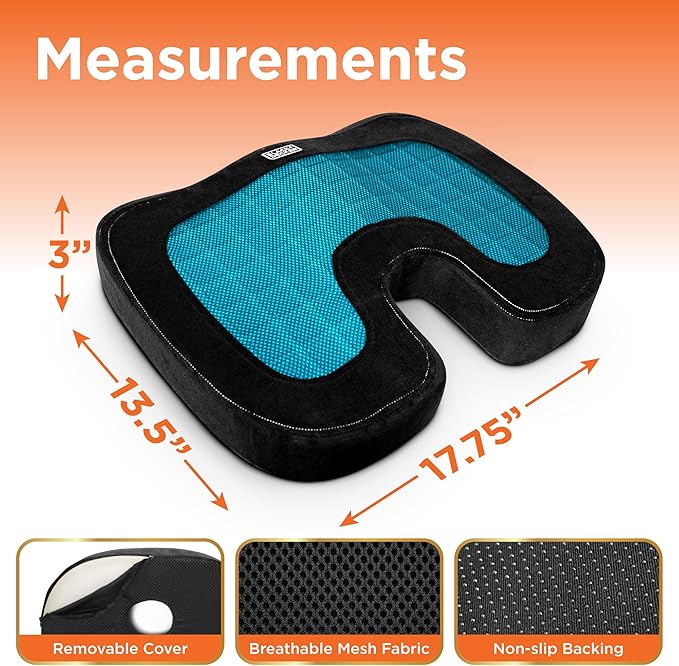 BLACK+DECKER Gel Seat Cushion – Gaming Chair & Office Chair Cushion with Cooling Memory Foam for Sciatica Pain Relief – Ergonomic Car, Desk, Airplane Travel Pillow, Washable Cover, Non-Slip